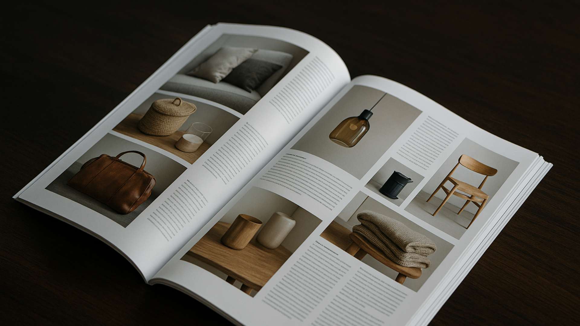 Catalogue produit premium ouvert sur une surface éditoriale claire, mise en page soignée et hiérarchisée