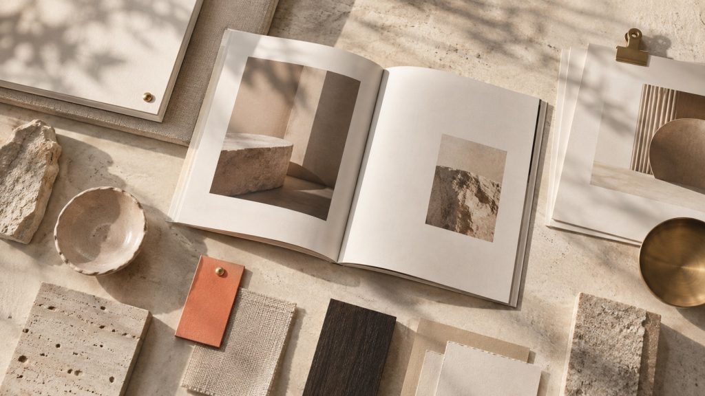 Catalogue imprimé ouvert parmi des échantillons de papier, de lin, de céramique et de laiton brossé