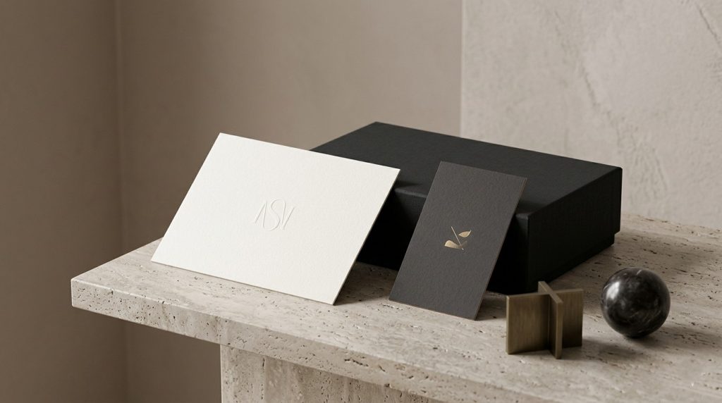 Carte noire ornée d’un motif doré, coffret noir et objet en laiton sur une console en pierre