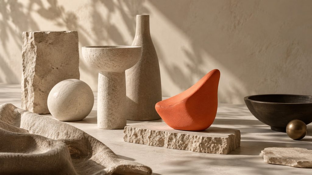 Nature morte de vases et coupes en céramique claire, blocs de pierre et lin, autour d'une forme sculptée corail