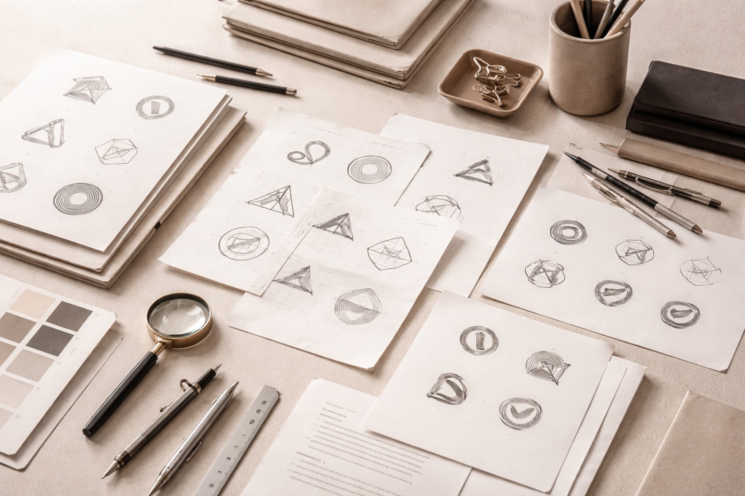 Planche de création de logos de marque dans un studio de branding premium, illustrant l'éventail des niveaux d'investissement selon le profil