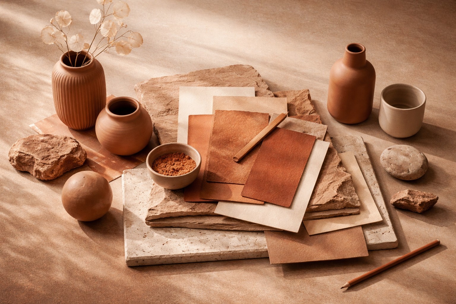Image éditoriale premium d'une teinte chaude terracotta, proche de l'auburn, en contexte de branding