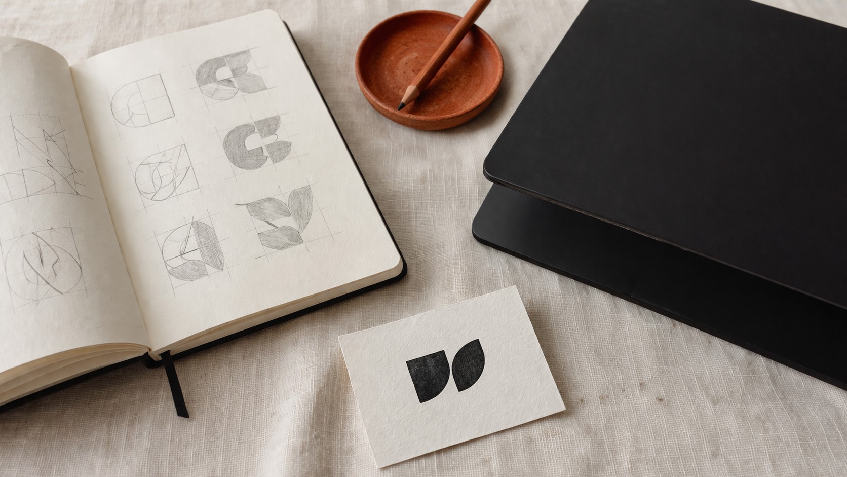 Carnet de croquis ouvert avec esquisses de logo sur un bureau de studio