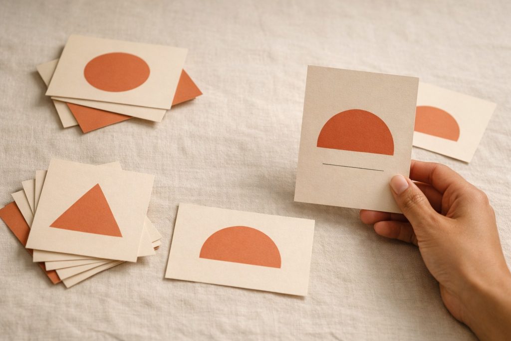 Cartes et flyers A6 minimalistes sur un tissu en lin crème, main tenant une carte beige à forme terracotta