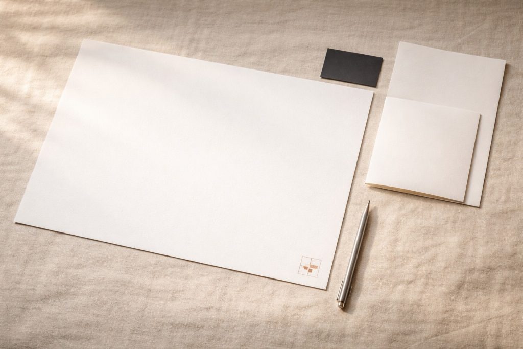 Grande feuille A3 blanche posée sur un tissu en lin beige, avec crayon et échantillon de papier anthracite