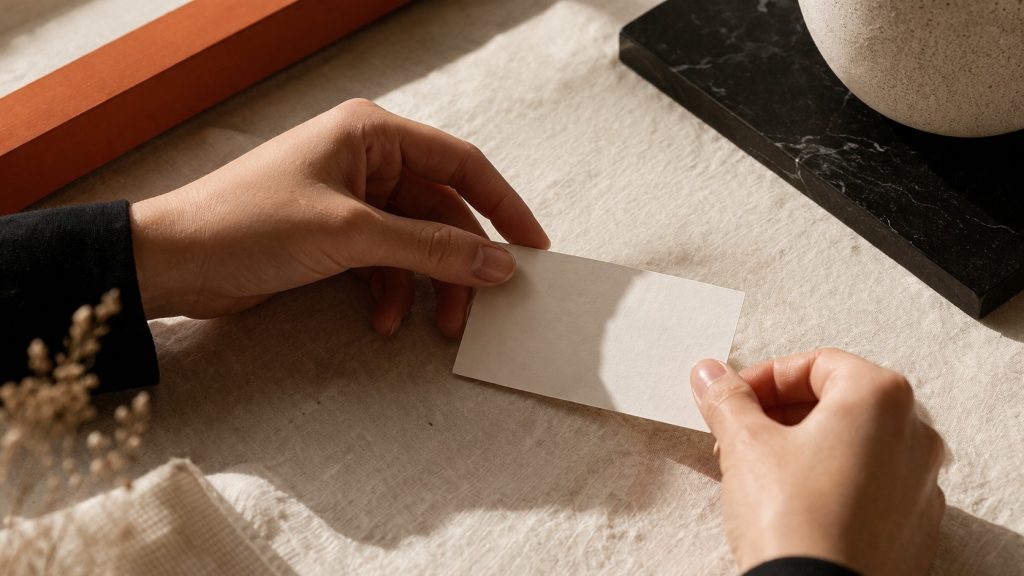 Deux mains posent une carte de visite mate sur une surface en lin texturé, en lumière naturelle
