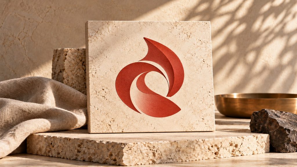 Emblème rouge abstrait gravé sur une plaque carrée en travertin, posée sur un socle minéral entre un lin froissé et une coupelle en laiton brossé