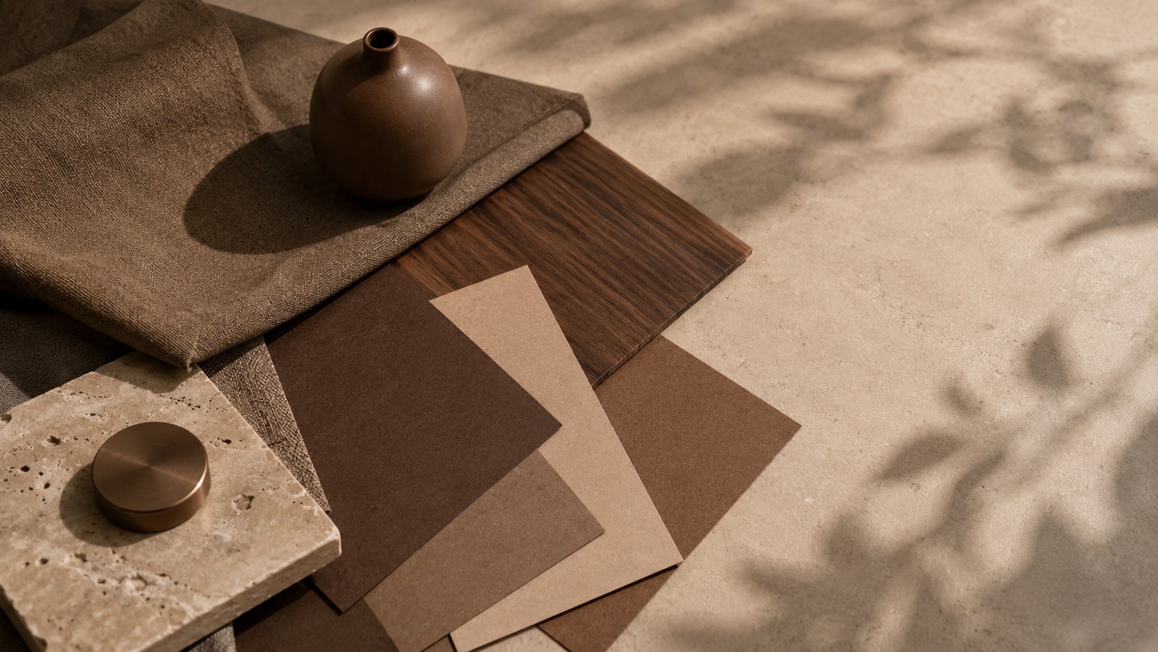 Moodboard premium de teintes chaudes auburn et chocolat sur céramique, bois de noyer, lin et travertin