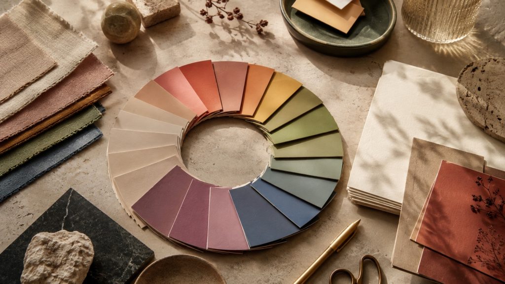 Cercle chromatique de cartes papier en dégradé entouré d'échantillons textiles et de matières, sélection de palette pour une identité de marque