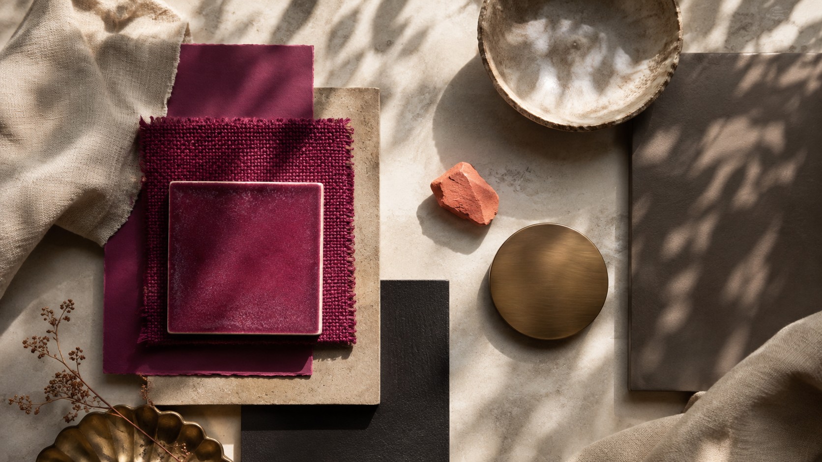 Moodboard de matériaux premium, textile, céramique, laiton et pierre sous lumière naturelle