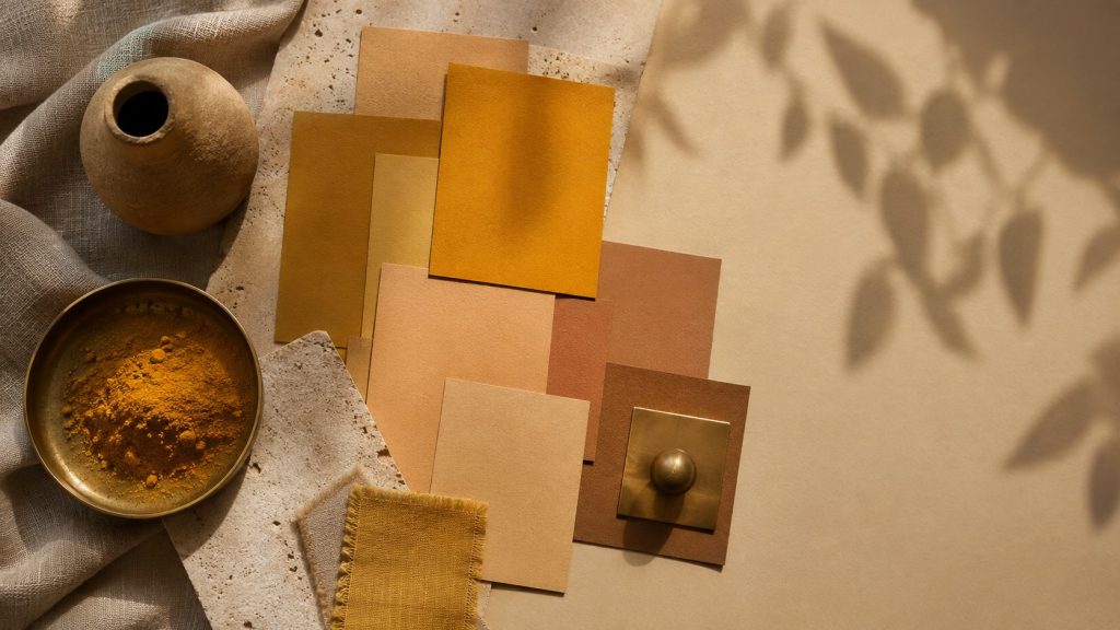Moodboard ocre et jaune, papiers texturés et coupelle en laiton remplie de pigment, sous une lumière chaude