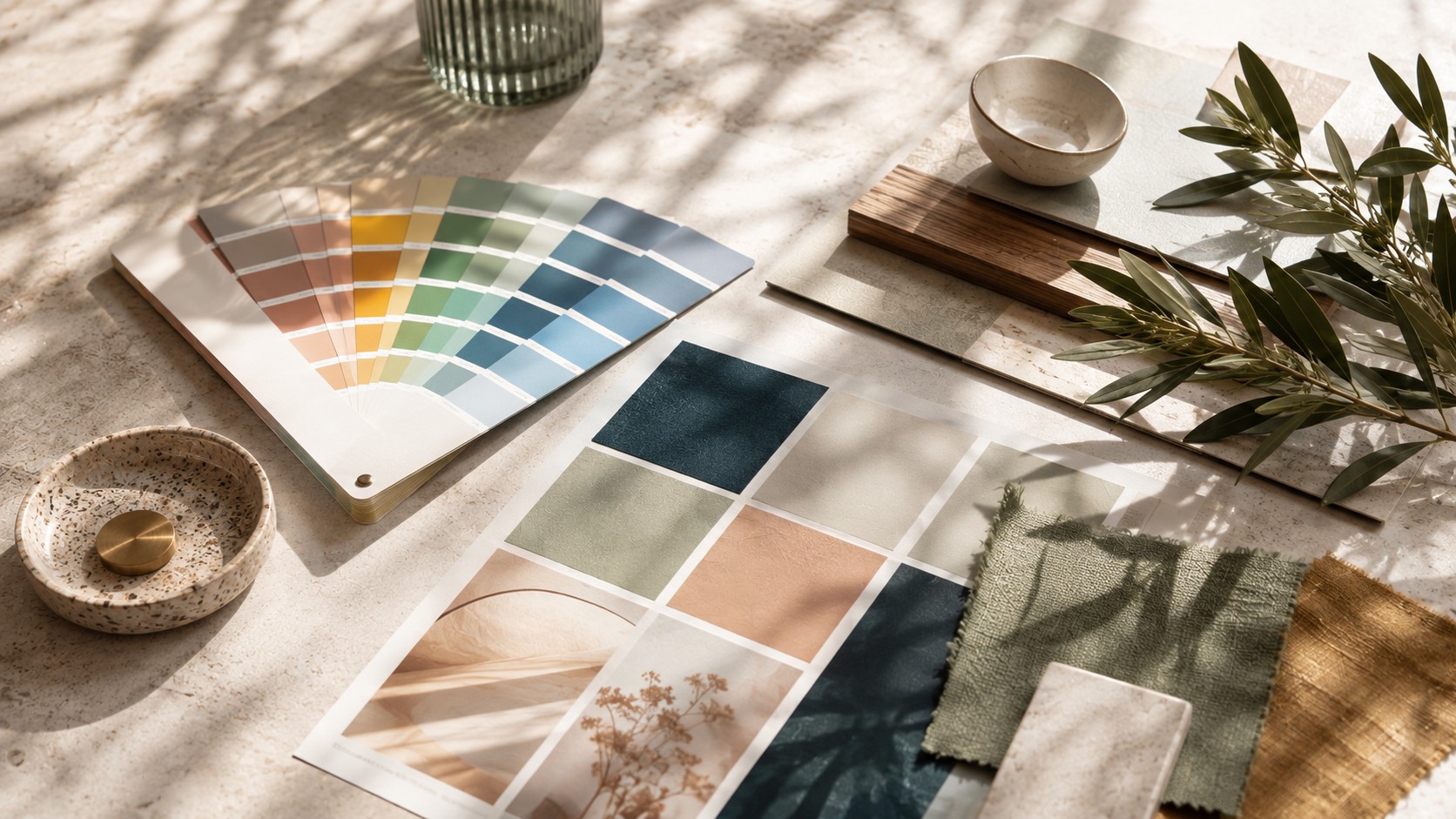 Nuancier en éventail multiteintes et échantillons de couleurs posés sur une table, pour comparer et convertir des codes couleur