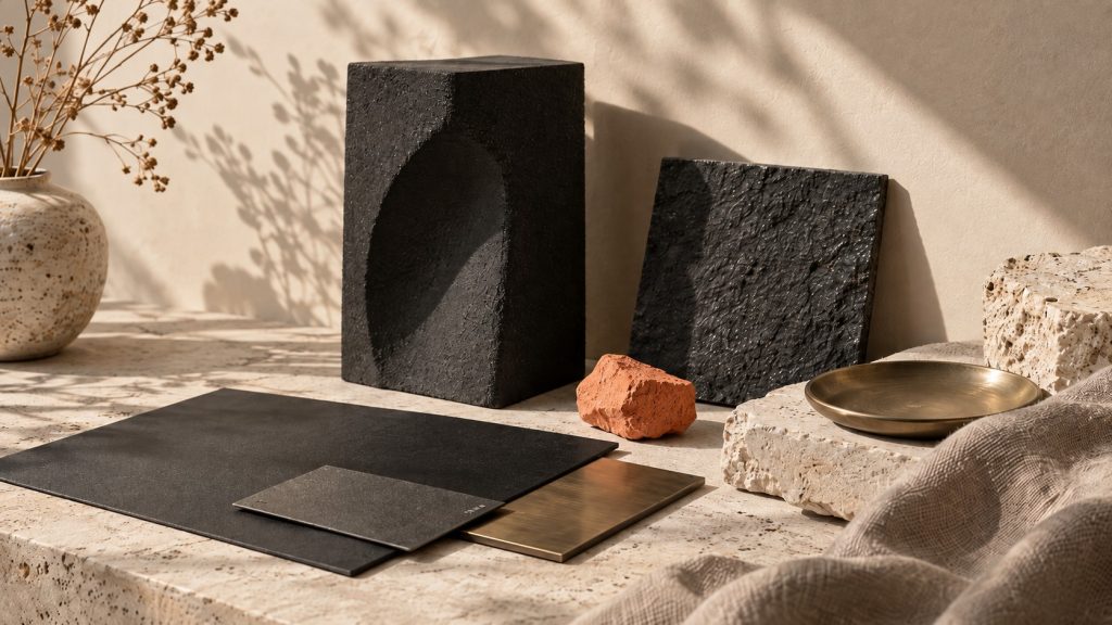 Coupelle en laiton brossé posée près de blocs et d’échantillons anthracite presque noirs
