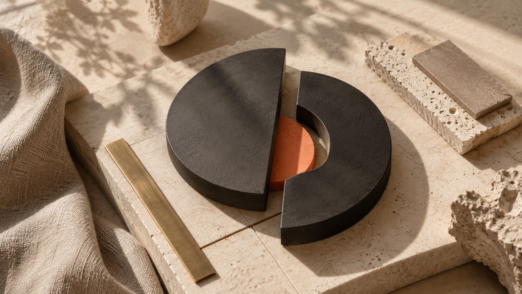 Disque noir scindé en deux pièces sur une dalle de travertin, disque terracotta visible dans l’interstice, baguette de laiton et lin beige en lumière naturelle