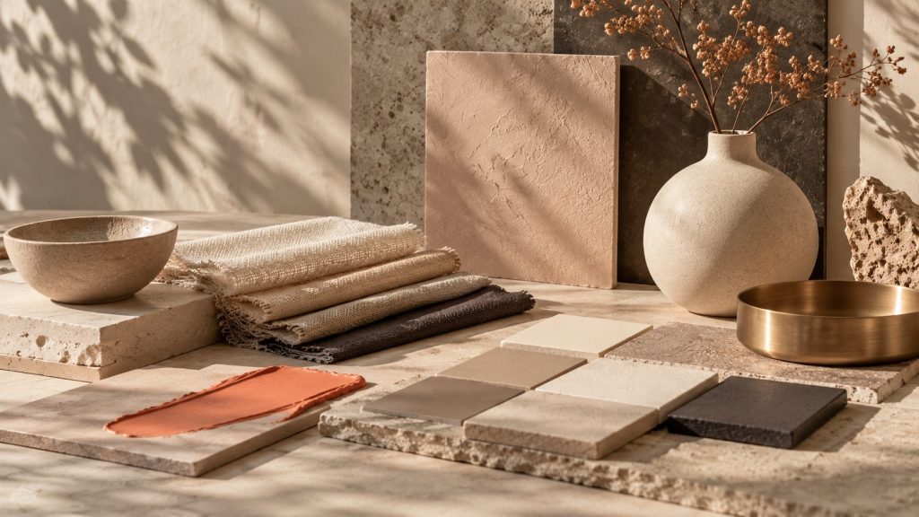 Coupelle en laiton brossé parmi des échantillons beige, taupe et brun, sur pierre et lin naturel
