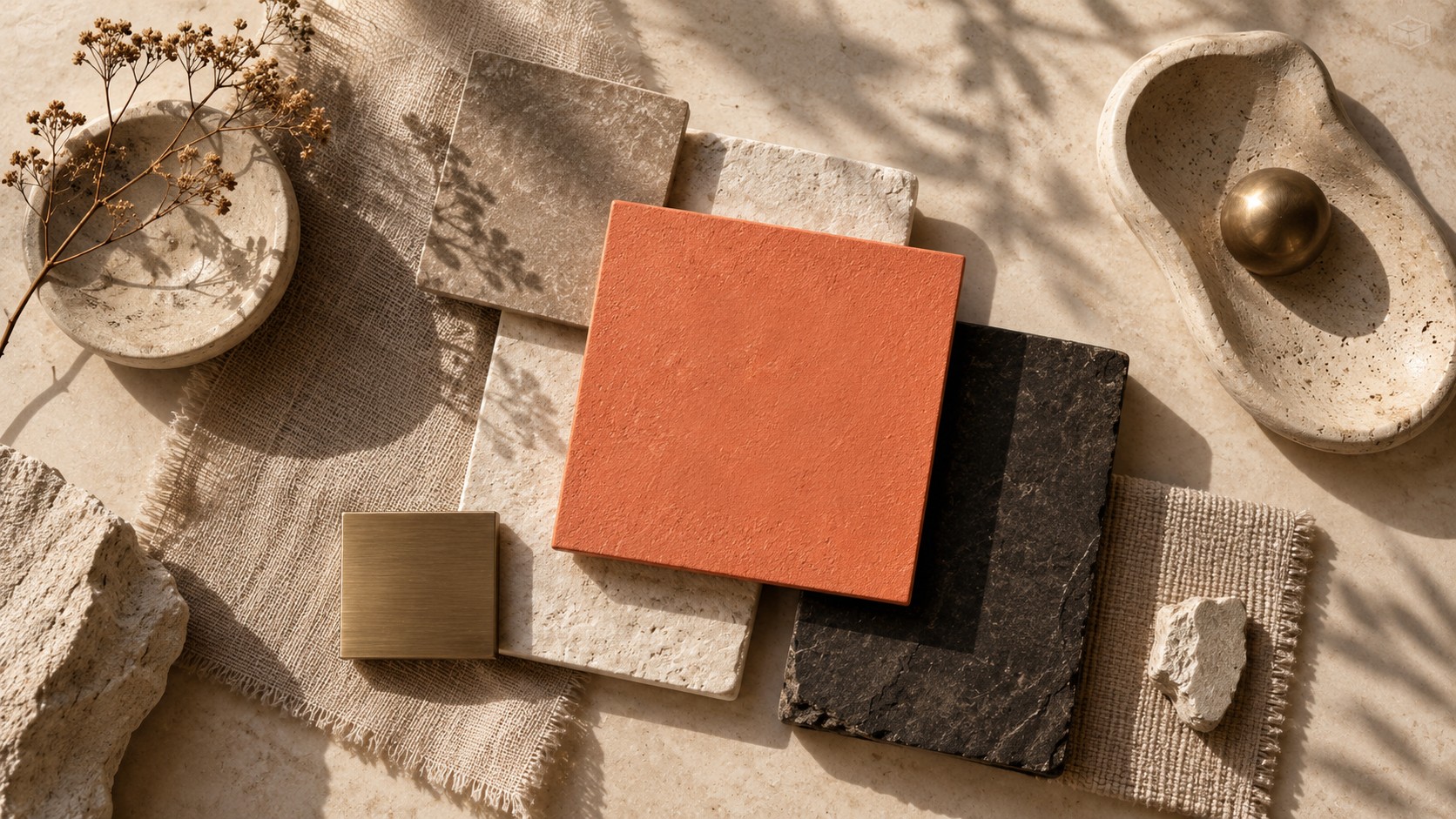 Moodboard d'identité visuelle premium mêlant échantillons de matières, corail, laiton, pierre et lin beige