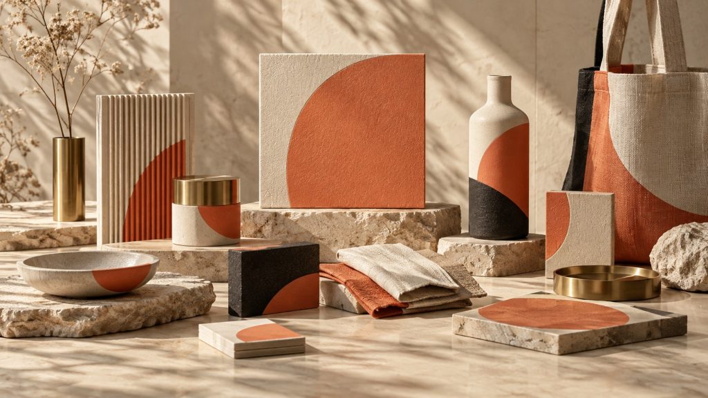 Charte graphique déclinée sur plusieurs supports physiques, textile, céramique et papier, dans une palette corail, beige et noir