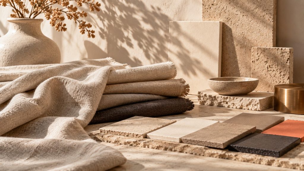 Tissu en lin naturel écru drapé avec échantillons textiles beige, taupe et brun sur pierre crème