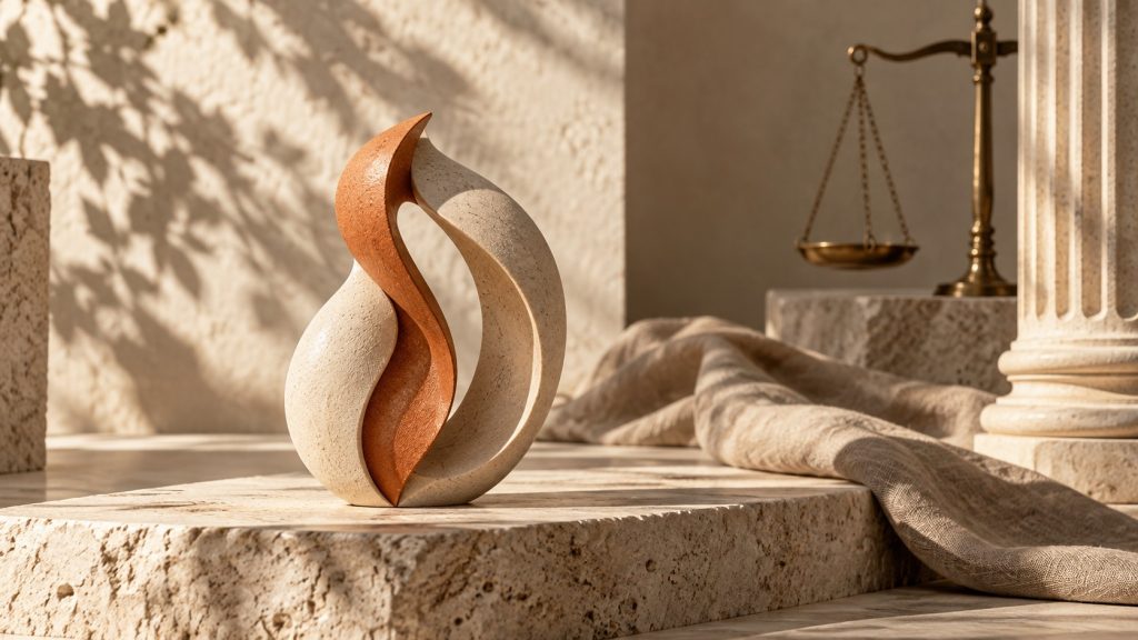 Sculpture abstraite en pierre crème sur socle de travertin, balance de justice en laiton et colonne classique à l’arrière-plan, évoquant l’identité d’un cabinet de conseil ou d’avocats