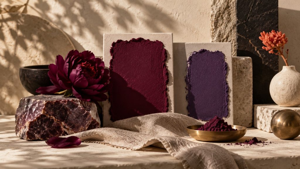 Nature morte de matières, bloc minéral brut aux reflets rouge sombre, échantillon de pigment rouge profond, poudre de pigment dans une coupelle en laiton et pivoine sombre sur lin naturel